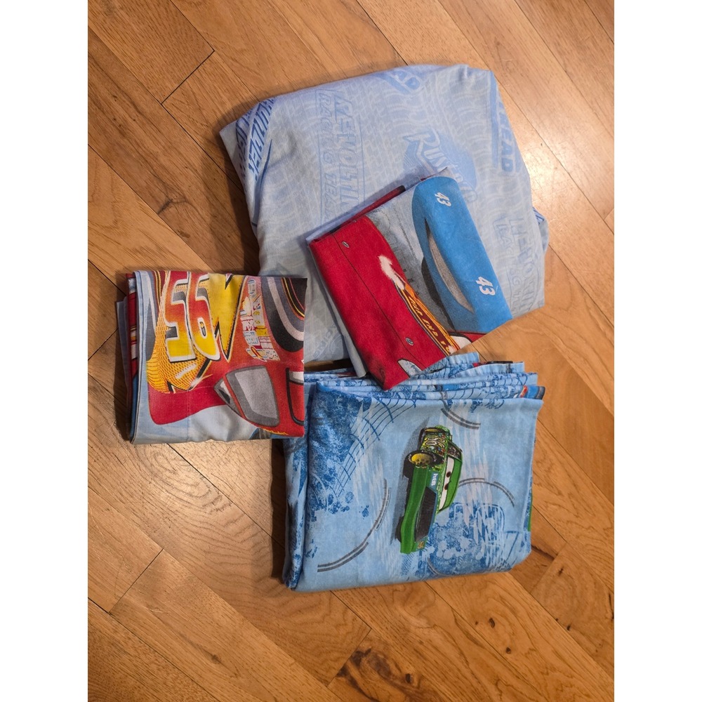 Disney Pixar Cars Full Sheet Set Lightning McQueen Chick Hicks Blue 3pc Bedding